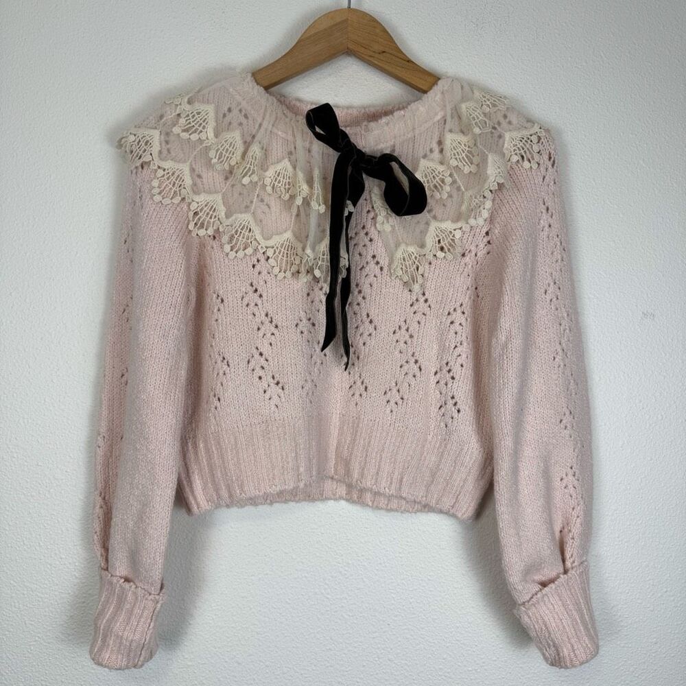 Free People Hold Me Closer Lace Yoke Bow Sweater Size Small